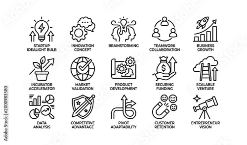 Business and startup icons illustrating growth and planning in grid