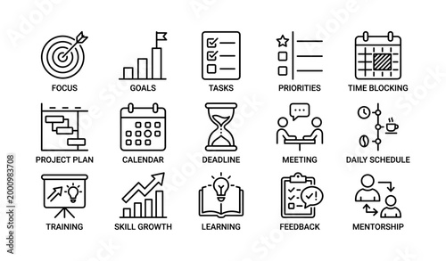 Productivity icons illustrating planning and time management