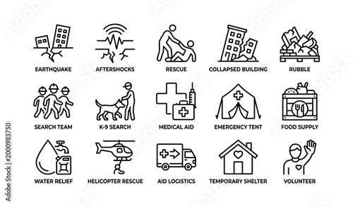 Earthquake response icons showing rescue and relief elements