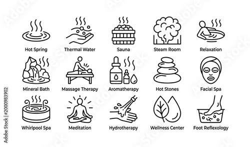 Spa and wellness icons showing treatments and facilities