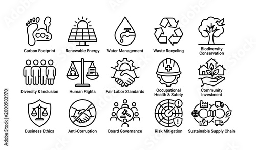 Sustainability and governance icons representing esg topics on white