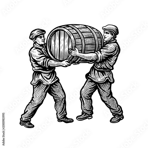 Two workers carrying a wooden vintage barrel. Hand drawn vector illustration in sketch style. Highly detailed rural winemaking scene isolated on transparent background. Perfect for wine labels, winery