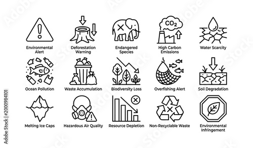 Environmental hazard icons depicting threats in grid layout