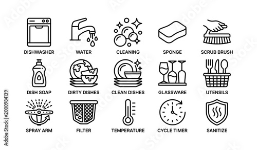 Dishwasher and dishwashing icons arranged in grid on white