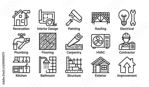Home renovation and construction icons arranged on white
