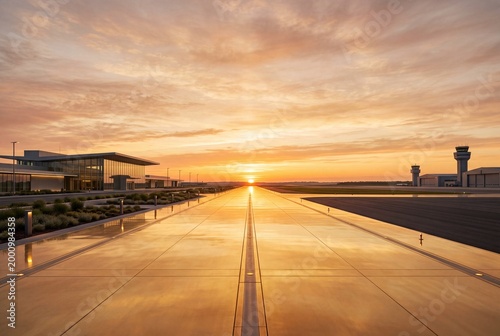 Contemporary airport terminal and runway illuminated by warm sunrise light, with control towers, reflective pavement, and dramatic clouds creating a premium aviation travel background.