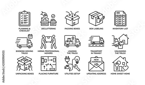 Moving and relocation icons showing packing and transport steps