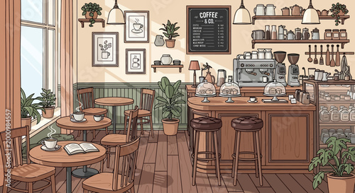 Cozy Coffee Shop Interior with Tables and Counter