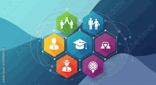 Business Concepts and Education Icons Connected in a Network