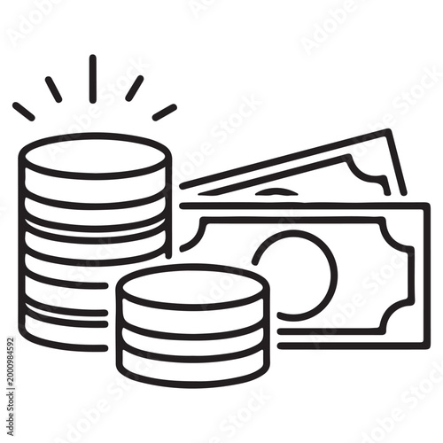 Minimalist line art vector icon of cash and coins, flat design
