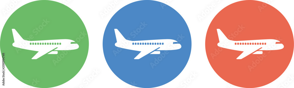 Naklejka premium Airplane departure icon set, vector flight takeoff icons representing aviation travel airport boarding airline journey and departure system graphics.