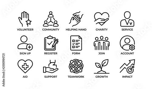 Volunteer and community icons showing engagement symbols grid