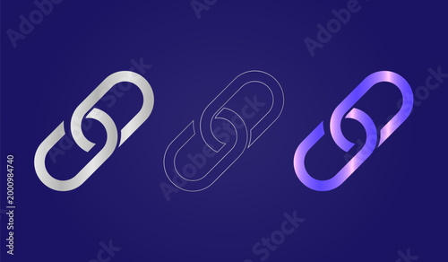 Set of three chain link icons with glass effect rendered in silver outline purple variations on a dark blue background variation connection technology abstract transparent