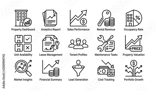 Property management dashboard icons showing analytics and finances