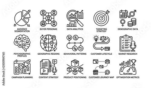 Marketing icons depicting audience targeting and analytics on white