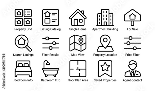Real estate icons showing property and listing symbols on white