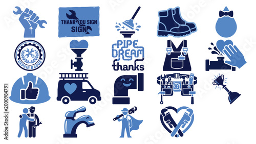 Plumbing Industry Tools and Maintenance Symbols Collection  Flat Vector Illustration on Transparent Background