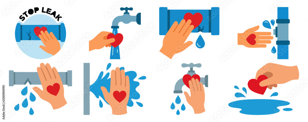 Fototapeta premium STOP LEAK - Hand stopping a water leak with a red heart patch Flat Vector Illustration on Transparent Background