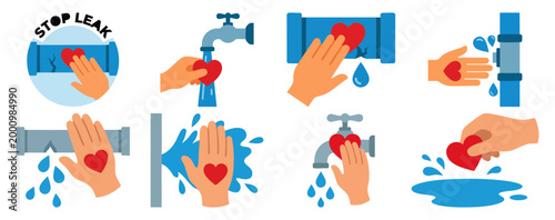  STOP LEAK - Hand stopping a water leak with a red heart patch  Flat Vector Illustration on Transparent Background