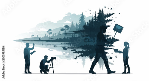 Silhouettes of researchers and scientists exploring a forest landscape with double exposure effects showing trees and nature for environmental education