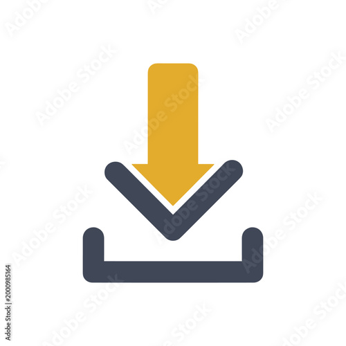 Yellow downward arrow icon pointing toward a dark blue rectangular base isolated on a white background minimalistic design symbolizing download or transfer concept