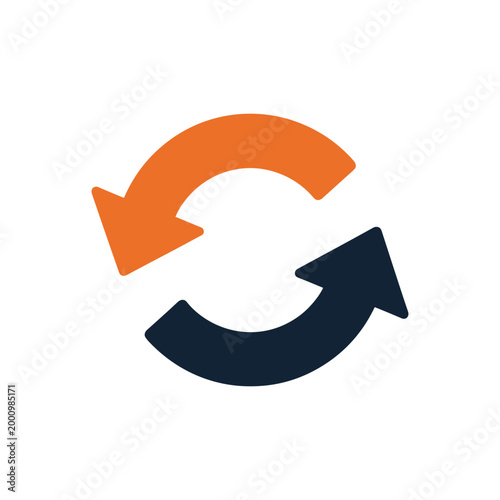 Abstract circular arrows in orange and blue intersecting to symbolize progress and continuity on a clean white background