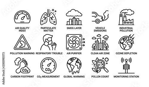 Air quality icons depicting pollution causes and effects on white