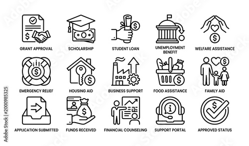 Social assistance icons showing benefits and financial support