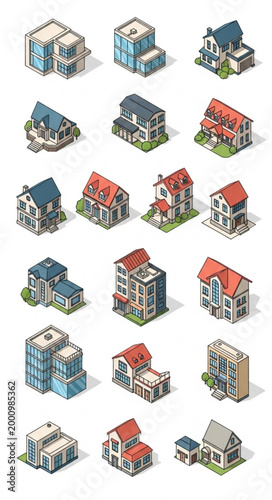 :
A colorful flat vector illustration set of various residential houses displayed in a horizontal row on a pure white background. The houses include different architectural styles such as modern glass