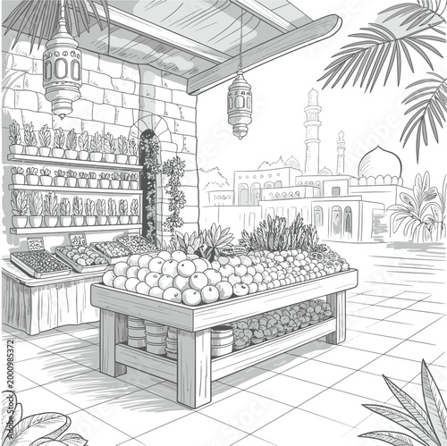 Middle Eastern market illustration, fruit stall with lanterns and architecture detailed black and white sketch drawing