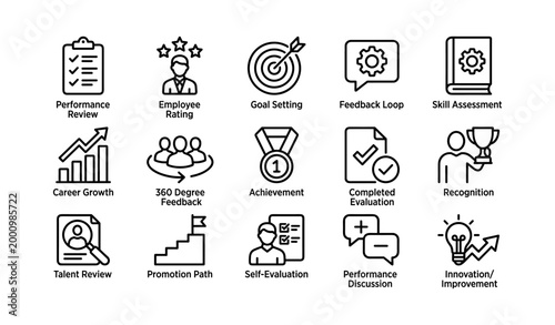 Employee performance icons showing reviews ratings and goals