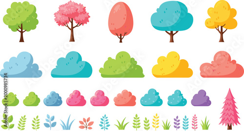 Colorful Trees Bushes and Plants Vector Illustration Set Featuring Various Nature Elements for Landscape Design Garden Decoration and Outdoor Graphics.