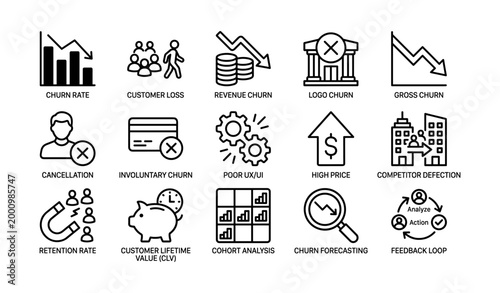 Churn metrics icons showing causes and analytics on white grid
