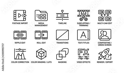 Video editing and post production icons displayed on white background