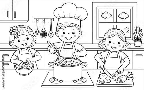 Kids cooking illustration, children in kitchen preparing food chef hat stirring pot black and white coloring page