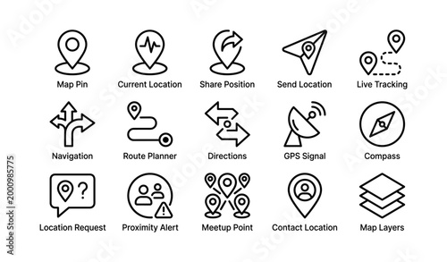 Map and location icons showing navigation features on white background