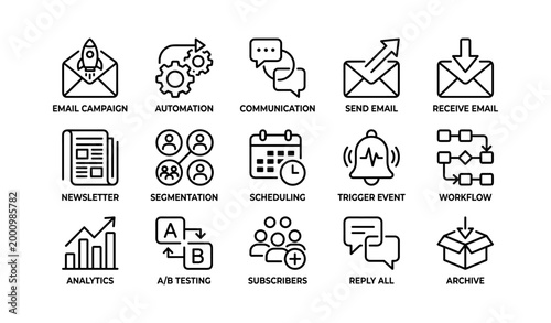 Email marketing and automation icons arranged on white background