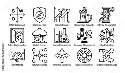 Business strategy icons showing swot and planning on white background