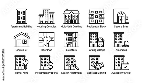 Apartment and residential icons representing housing services on white