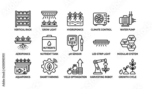 Vertical farming icons showing hydroponics and grow lights on white