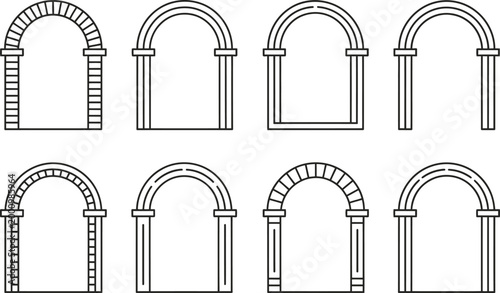 Architectural arch icon set, geometric and decorative arches minimalist black and white line art design collection
