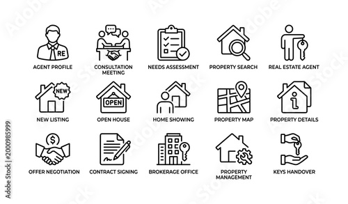 Real estate icons illustrating transaction steps on white background