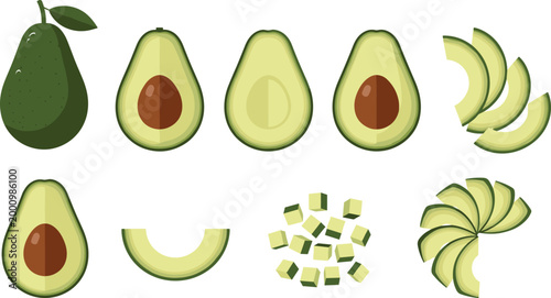 Fresh Avocado Vector Illustration Set Featuring Whole Half Sliced and Diced Avocados for Healthy Food Design and Organic Nutrition Graphics.