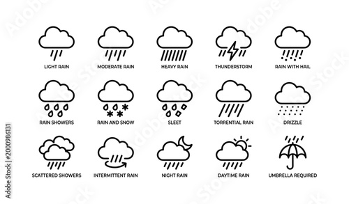 Weather icons showing various rain and shower types on white