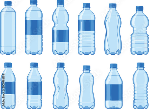 Plastic Water Bottle Set Vector Illustration Featuring Different Bottle Shapes and Sizes for Packaging Design Beverage Industry and Hydration Concept.