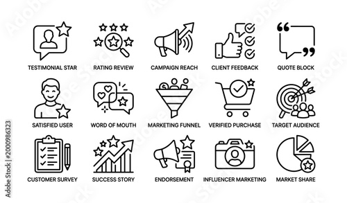 Marketing and feedback icons arranged in grid on white background