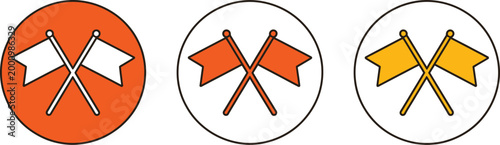 Crossed flags icon set, vector illustration of finish line flags in orange and yellow representing success competition sports victory and achievement concepts.