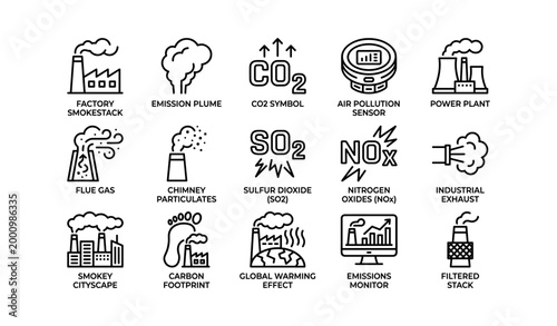 Pollution and emissions icons arranged in grid on white background