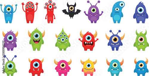 Cute Cartoon Monster Characters Vector Illustration Set Featuring Colorful One Eyed Creatures with Funny Expressions for Kids Design and Halloween Themes.