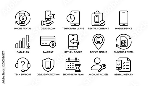 Mobile device rental icons showing services and processes in grid